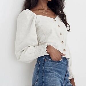🤍 Madewell Cream Corduroy Sweetheart Smocked Top Size 10 Puff Sleeve 🤍